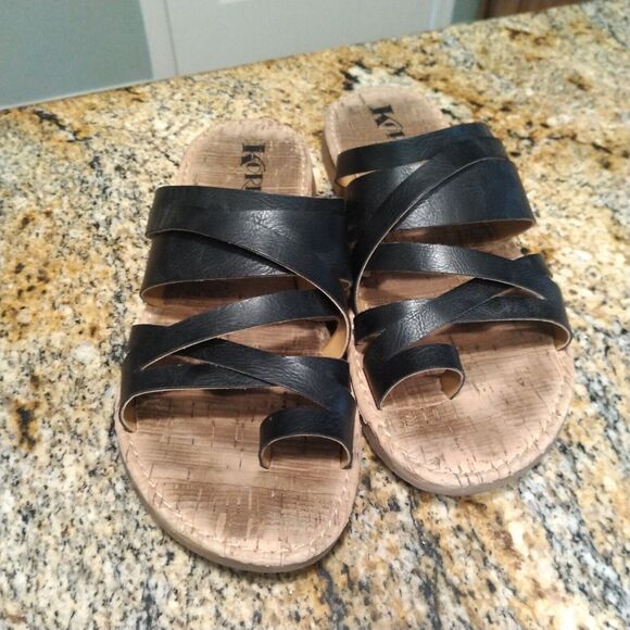 Korks Clemmons Strappy Slides Sandals Black Leather Cork Footbed Women's 8.5M - Picture 8 of 12